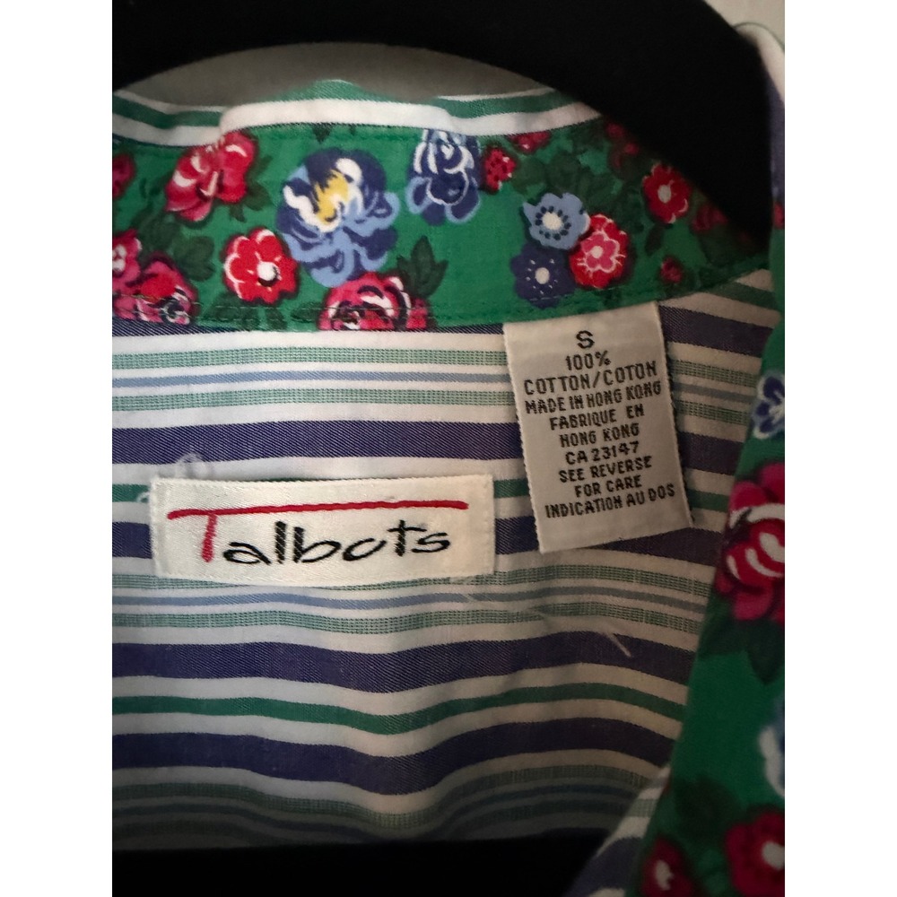 Vintage Talbots Striped Cotton Button Down Shirt Floral Trim Blue Green Small - Picture 2 of 4